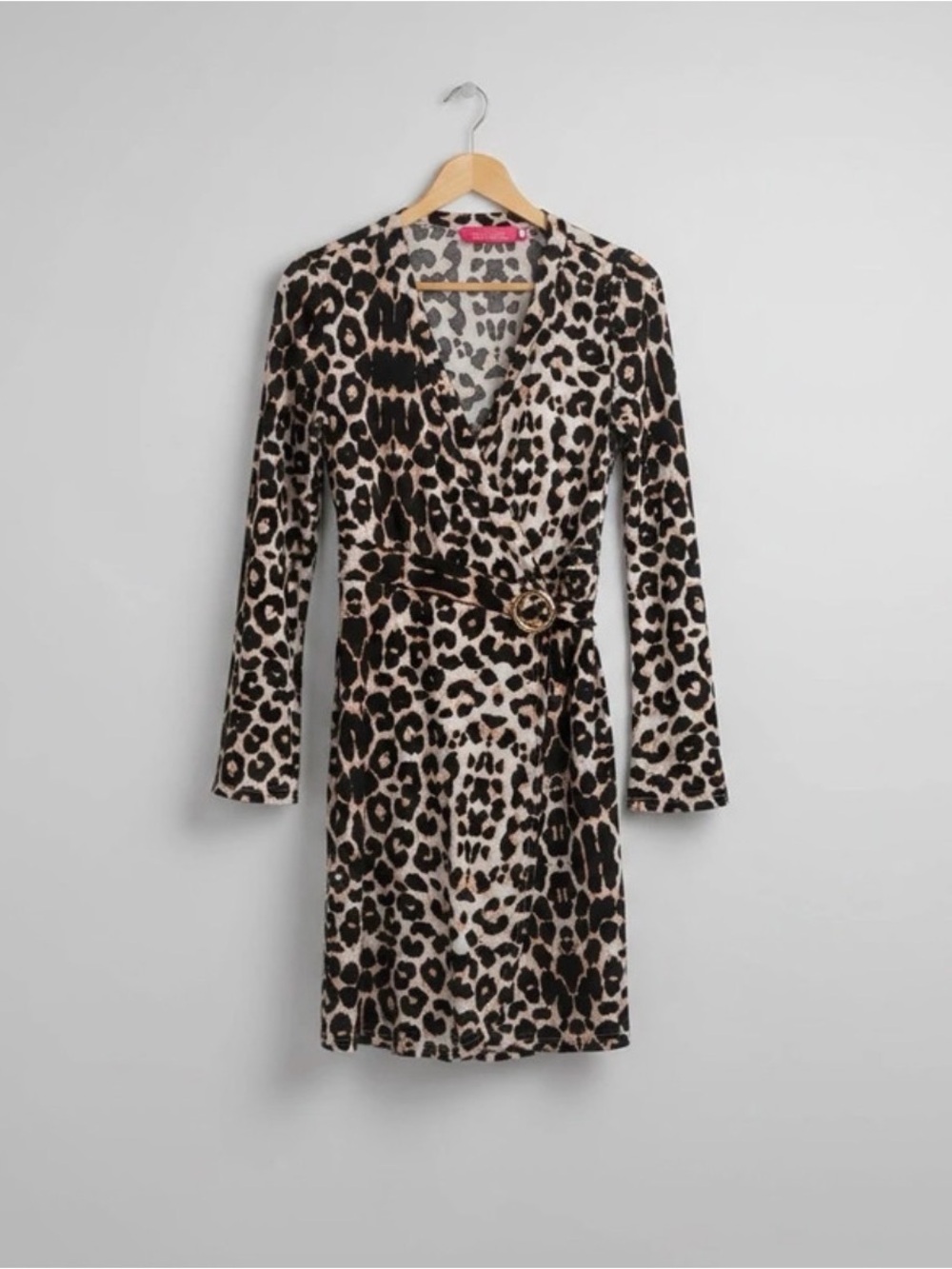 Macbeth Collection Margaret Josephs Leopard Faux Wrap Mini Dress Bell Sleeve M